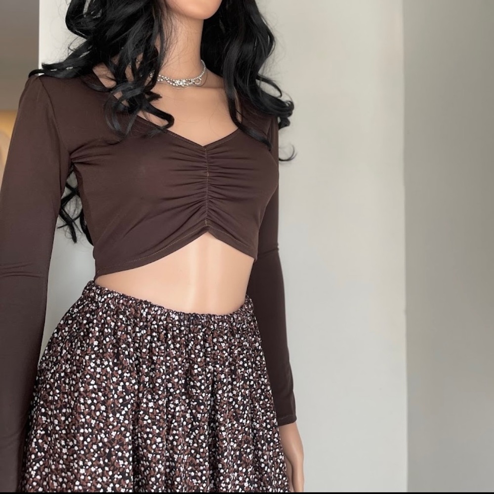 Handmade Brown Long Sleeve Crop Top